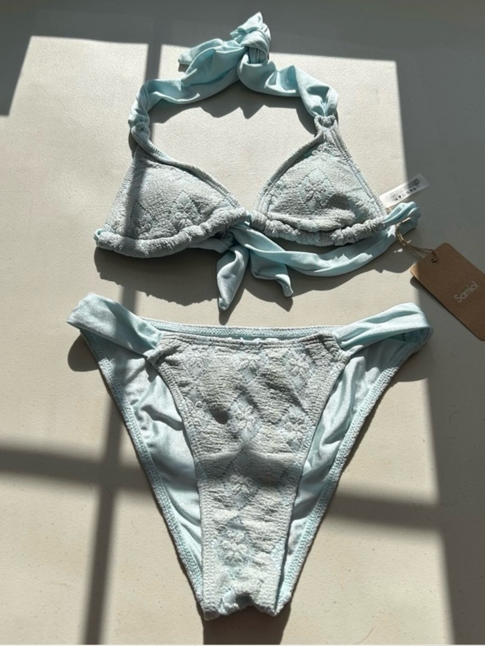 Samiol Bikini Set Small Grey Green Hollow Lace Flower Swimwear New